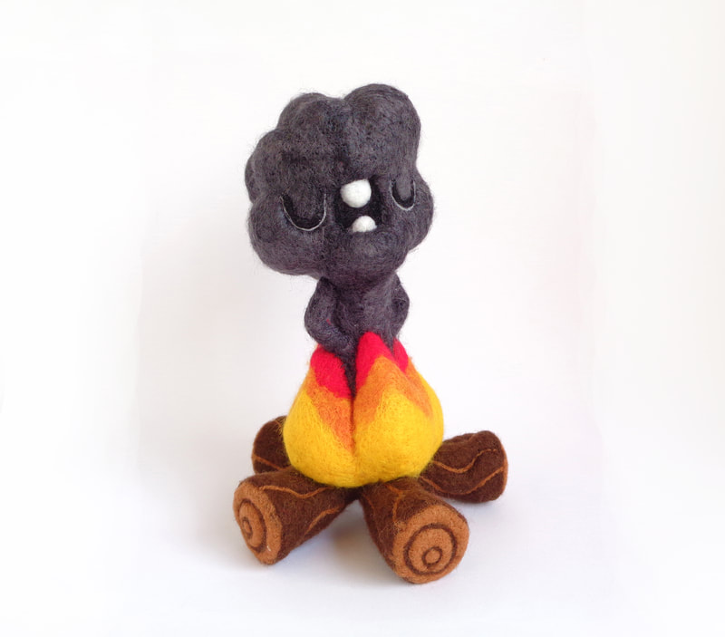 smoke cloud, fire and smoke character, needle felted art toy, fiber toy art, soft sculpture, smoke cloud character, droolwool, smoke coming out of fire sculpture