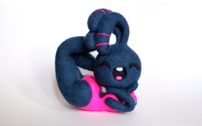 blueberry character design, contortionist doll, blue girl contortionist, needle felted art toy, felted soft sculpture contortionist art doll, blueberry soft sculpture, happy blueberry girl, blueberry doll, droolwool, smiley blueberry fruit