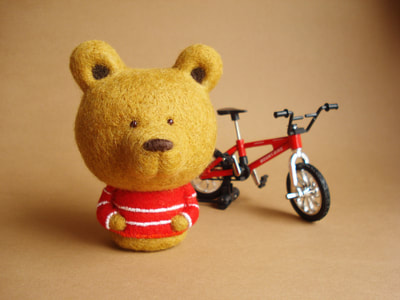 cute art bear, art bear kid, lilltle bear, bear with red sweater, bear rding a bike, handmade art toy, felt toy art, felted art bear