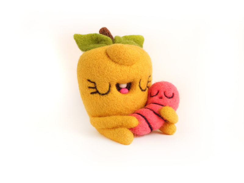 yellow apple and rpink baby worm, handmade art toy, needle felted art toy, felted soft sculpture, fiber art toy, apple and worm art toy, needle felted toy art, cute apple and worm, kawaii apple and worm, mommy apple and baby worm, droolwool, apple soft sculpture
