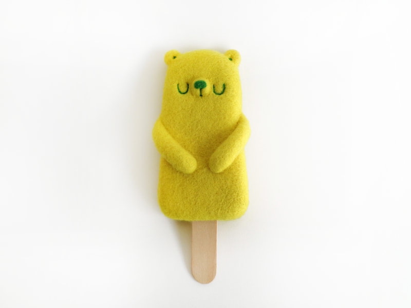 yellow popsicle bear, needle felted art toy, cute popsicle, fiber toy art, droolwool, fiber art toy, designer toy