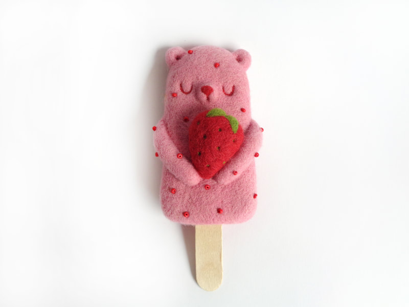 strawberry popsicle bear, art toy, needle felted toy art, cute popsicle , cute art toy, kawaii toya rt, droolwool