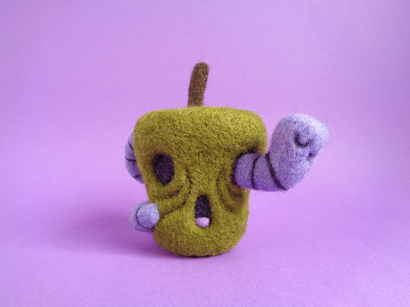 rotten apple and worm art toy, needle felted art toy, handmade toy art, halloween art toy, halloween art, droolwool