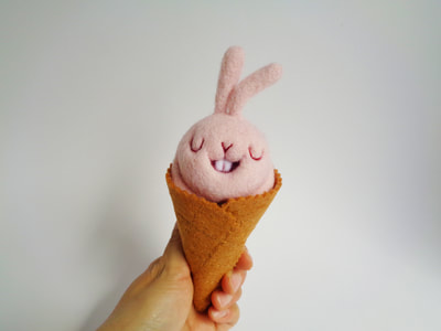 bunny ice cream scoop, bunny ice cream, pink bunny, pink rabbit, rabbit ice cream cone, cute ice cream scoop, handmade art toy, bunny toy art, droolwool, needle felted ice cream, needle felted art toy