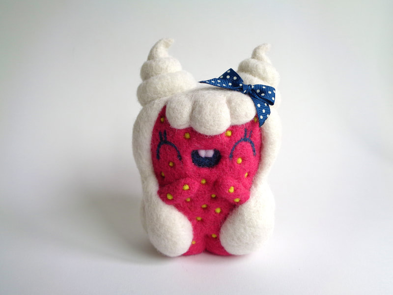 strwaberry girl art toy, strawberry with whipped cream hair, cute strawberry character, droolwool, needle felted art toy